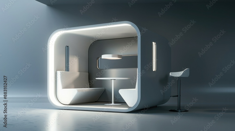 Poster a blank booth system with a striking, asymmetrical design, set against a monochromatic background fo