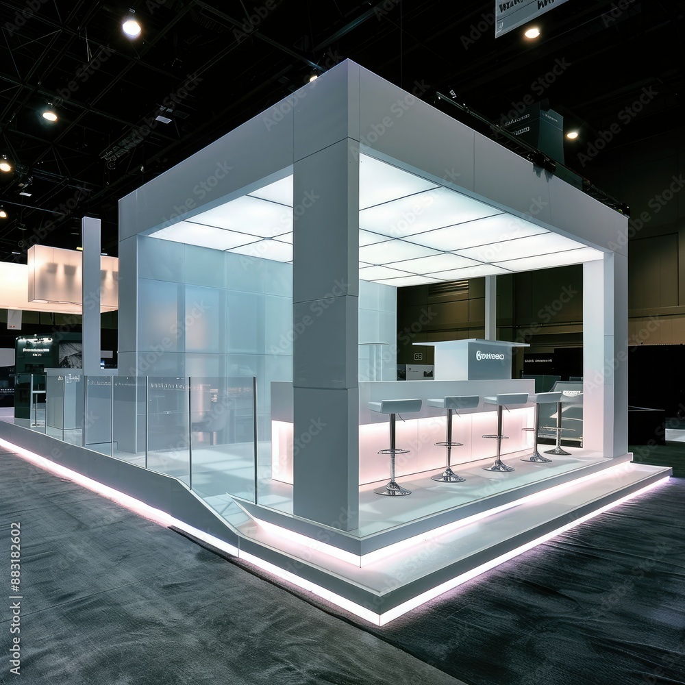 Poster A blank booth system with an elevated platform and backdrop wall, providing a focal point for graphic displays. 