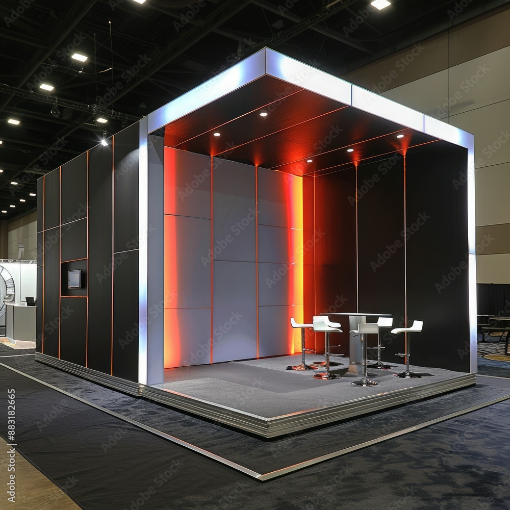 Poster A blank booth system with an elevated platform and backdrop wall, providing a focal point for graphic displays.