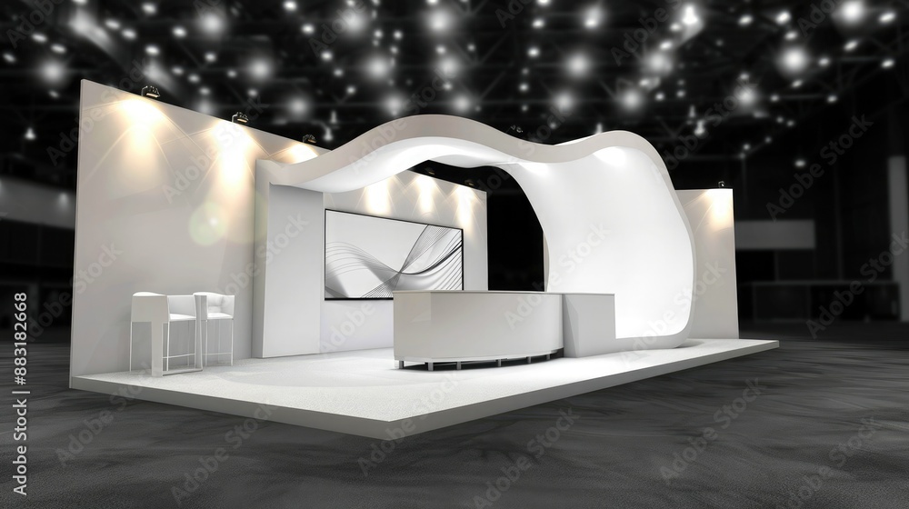 Poster A blank booth system with an elevated platform and backdrop wall, providing a focal point for graphic displays. 