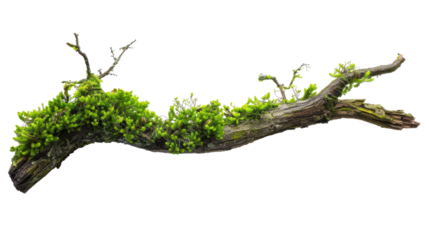 Branch overgrown with moss on a transparent background