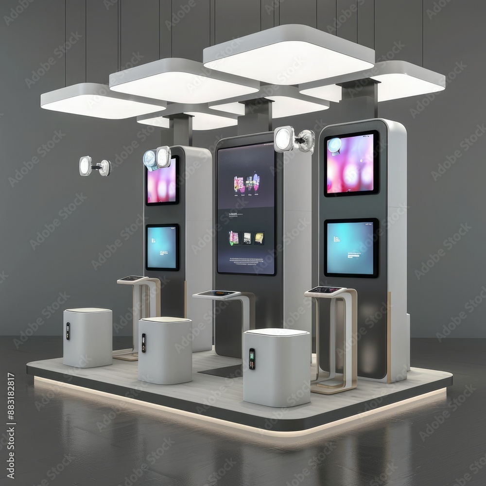 Poster A 3D render of a blank booth system with interactive elements, such as touch screens or digital displays. 