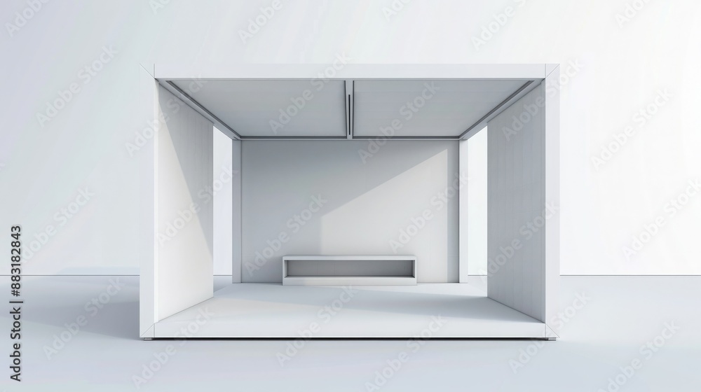 Poster A blank booth system with a canopy and open sides, offering a spacious and welcoming area for showcasing content. 