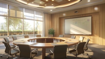 Fototapeta premium A conference room with a round table, chairs, and a whiteboard High quality images