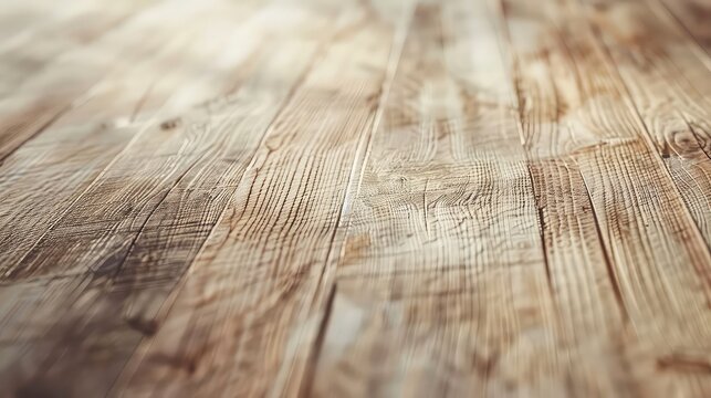 Blurred perspective view of a wooden table or floor surface with a natural wood grain pattern and knots