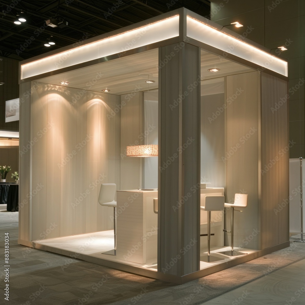Poster a sleek, modern blank booth system with clean lines and a minimalist design, set against a neutral b