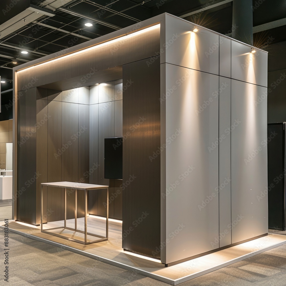 Poster a sleek, modern blank booth system with clean lines and a minimalist design, set against a neutral b