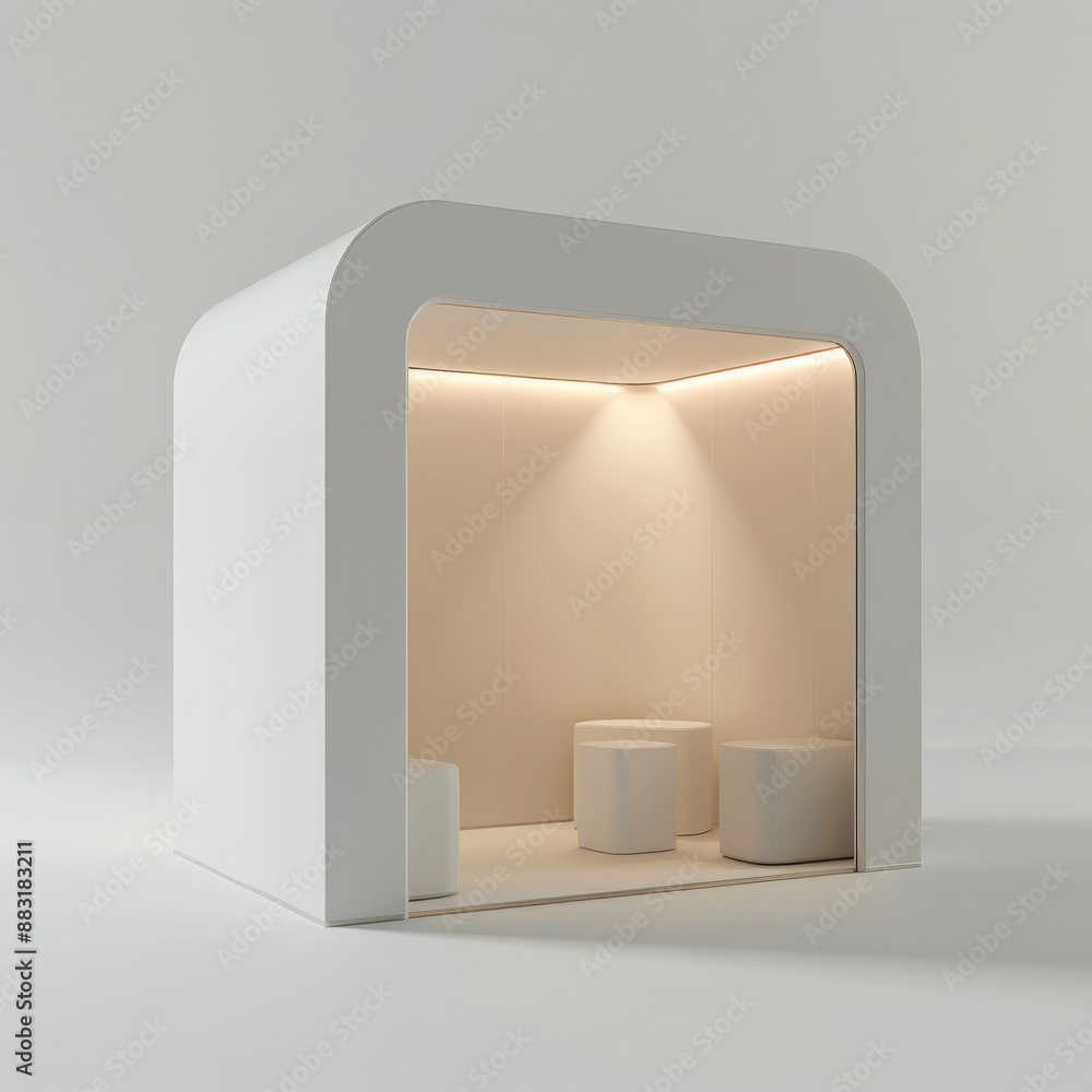 Aufkleber A 3D render of a blank booth system featuring a simple, open design with white walls and a smooth, curved canopy.