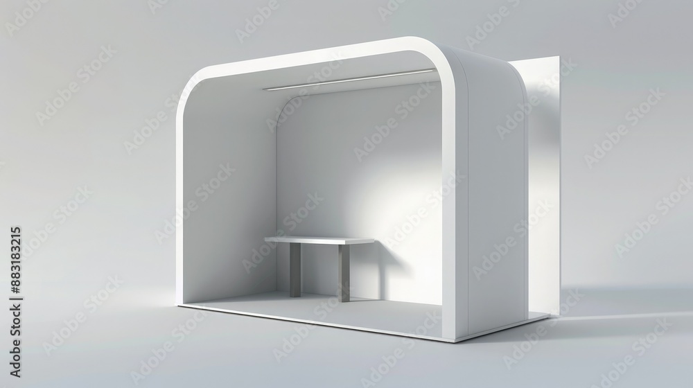 Poster A 3D render of a blank booth system featuring a simple, open design with white walls and a smooth, curved canopy. 