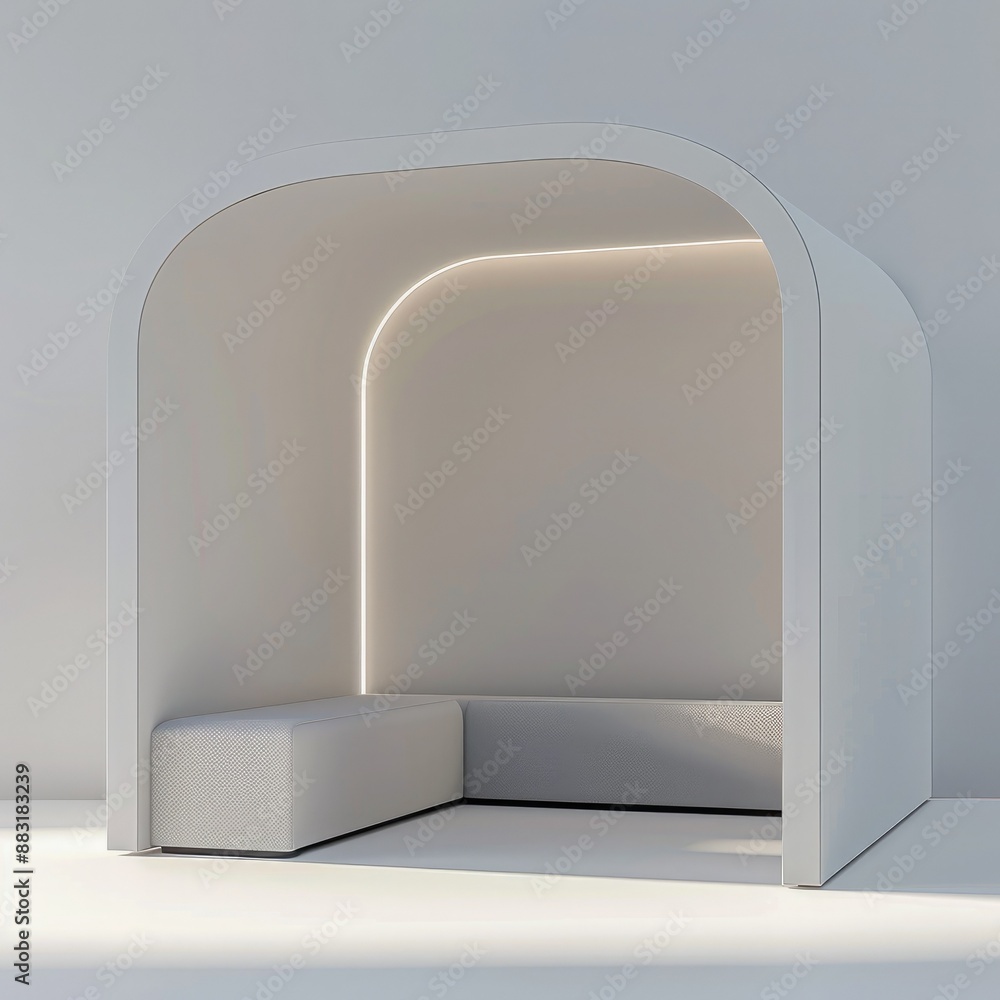 Poster A 3D render of a blank booth system featuring a simple, open design with white walls and a smooth, curved canopy.