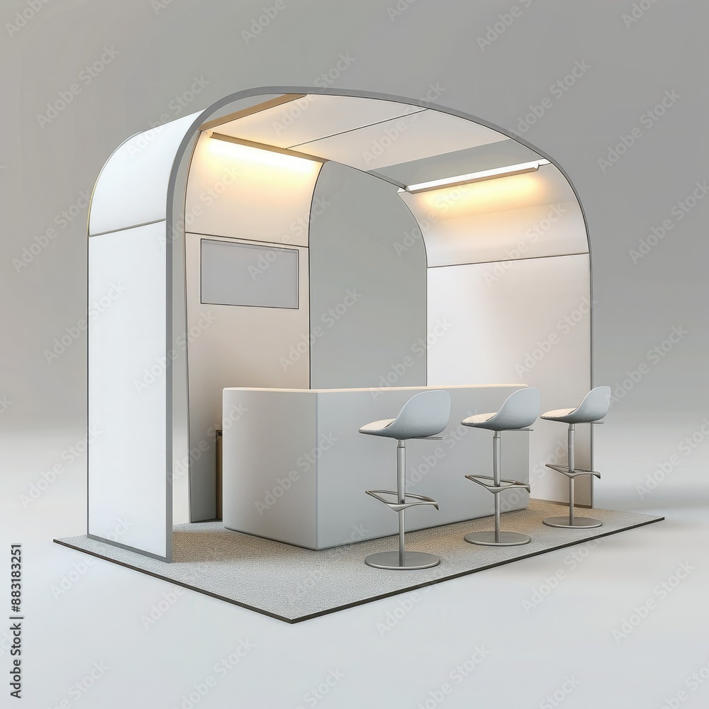 Poster A 3D render of a blank booth system featuring a simple, open design with white walls and a smooth, curved canopy.