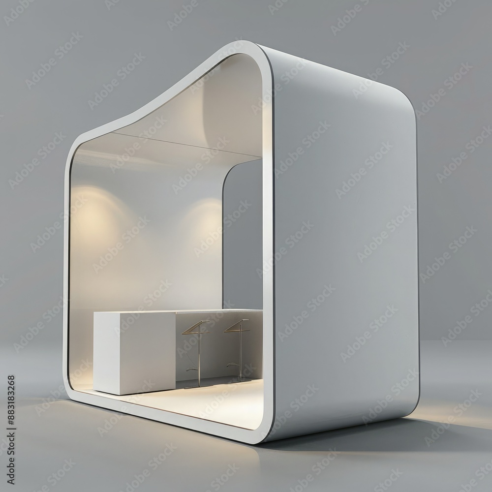 Poster A 3D render of a blank booth system featuring a simple, open design with white walls and a smooth, curved canopy. 