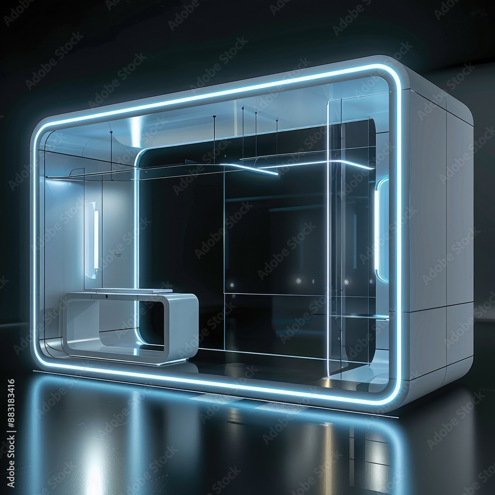 Poster A 3D render of a blank booth system with a futuristic, high-tech design, featuring LED lights and sleek surfaces. 