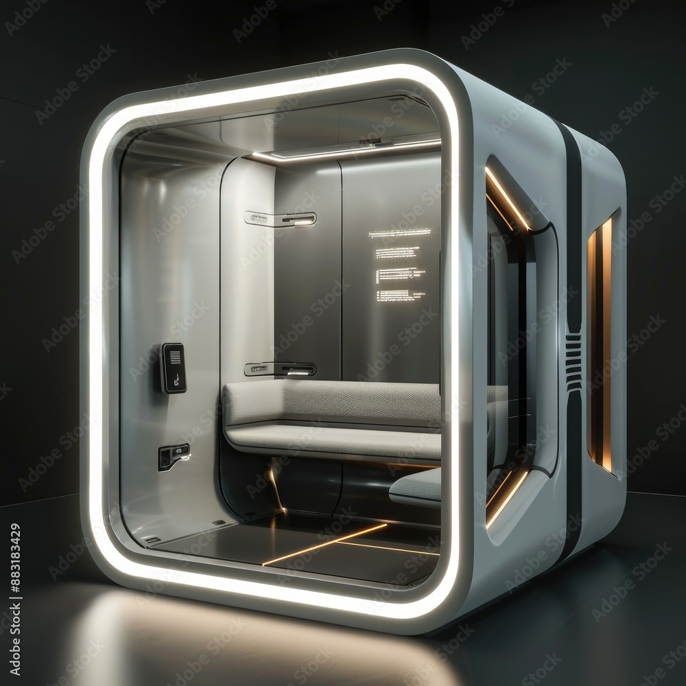 Aufkleber A 3D render of a blank booth system with a futuristic, high-tech design, featuring LED lights and sleek surfaces. 