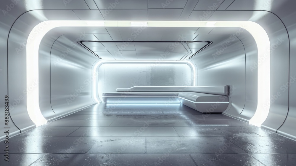 Aufkleber A 3D render of a blank booth system with a futuristic, high-tech design, featuring LED lights and sleek surfaces. 