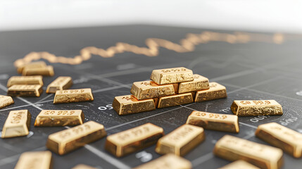 3D Flat Icon: Blackboard with Gold Bars and Downward Trend Symbol on Dreamy Background | Stock Illustration for Gold Price Drop Concept