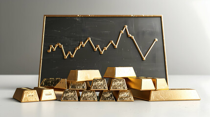 3D Flat Icon: Blackboard with Gold Bars and Downward Trend Drop in Gold Prices Concept on Dreamy Background with Copy Space Isolated White Background