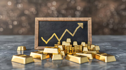 3D Flat Icon: Blackboard with Gold Bars and Downward Trend Dreamy Background for Gold Price Drop Concept