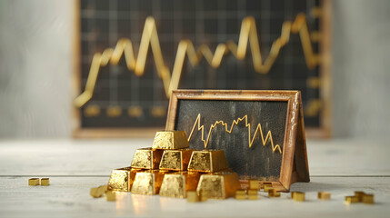 3D Flat Icon: Blackboard with Gold Bars and Downward Trend Symbolizing Drop in Gold Prices, Commodity Value, Dreamy Background, Isolated White Background Conceptual Graphic Des