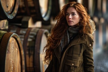 Fototapeta premium A young woman with long red hair looks to the left, standing near wooden barrels in a rustic warehouse