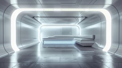 Fototapeta premium A 3D render of a blank booth system with a futuristic, high-tech design, featuring LED lights and sleek surfaces. 