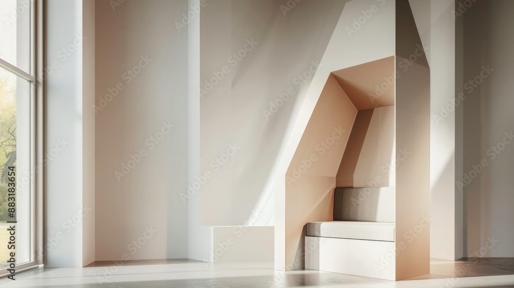Poster A blank booth system in a geometric shape, with sharp angles and a neutral color palette for a contemporary aesthetic.