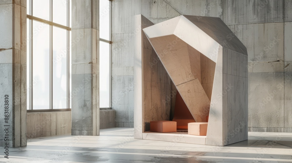 Aufkleber A blank booth system in a geometric shape, with sharp angles and a neutral color palette for a contemporary aesthetic. 