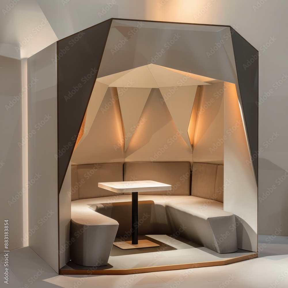 Poster A blank booth system in a geometric shape, with sharp angles and a neutral color palette for a contemporary aesthetic.