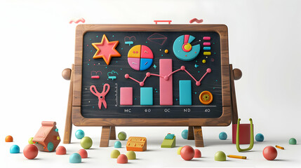 3D Flat Icon: Blackboard with KPI Chart  Medal   Whimsical Background for Recognition  Business Performance
