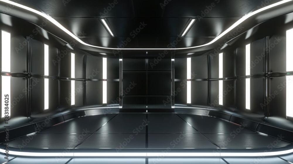 Aufkleber a 3d render of a blank booth system with a futuristic, high-tech design, featuring led lights and sl