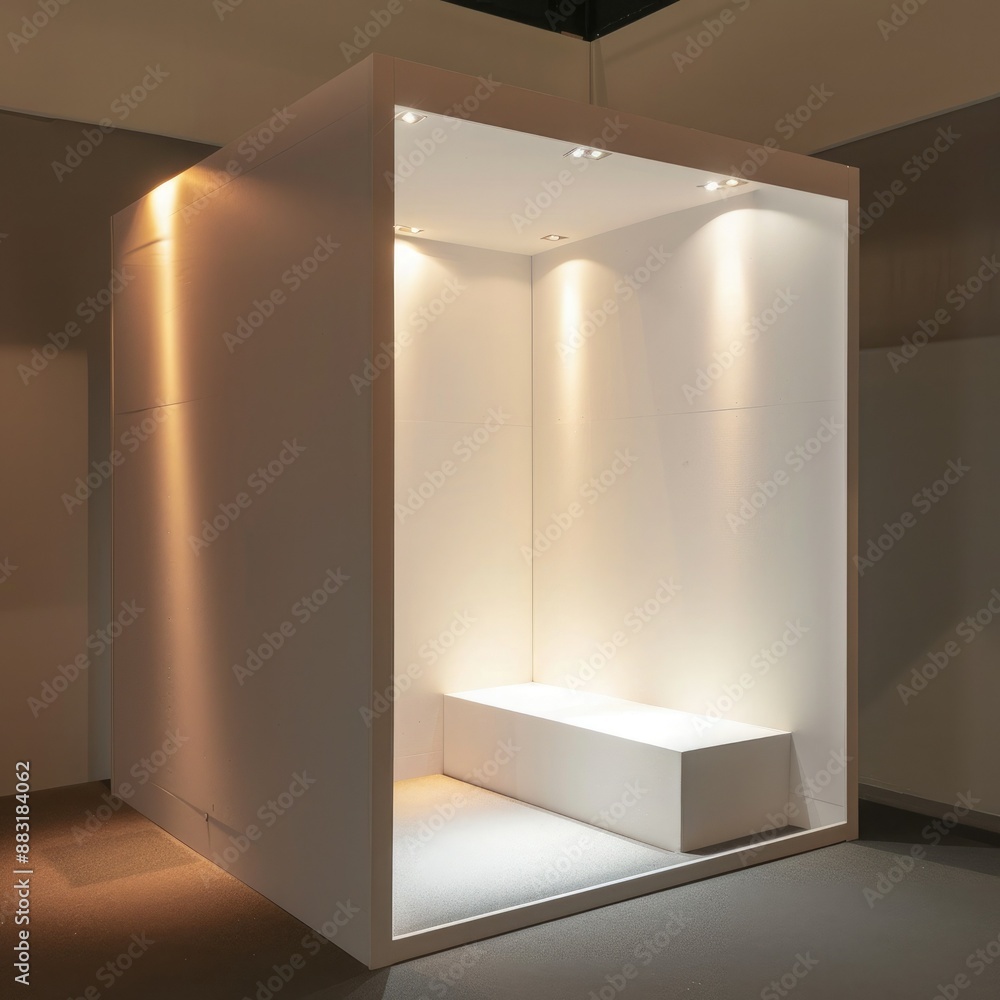 Poster a blank booth system in a minimalist style, with a clean, uncluttered design and soft, ambient light
