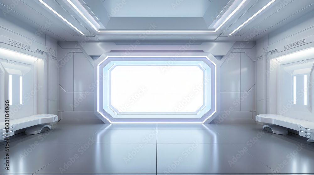 Aufkleber A 3D render of a blank booth system with a futuristic, high-tech design, featuring LED lights and sleek surfaces. 