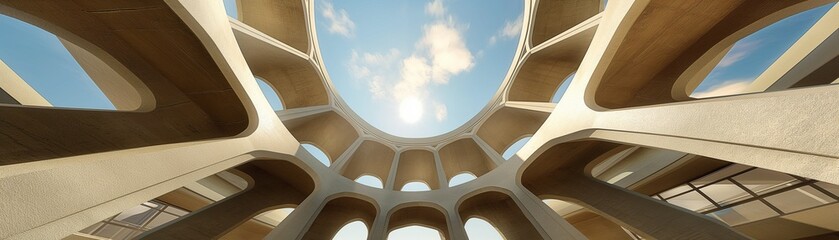 A striking architectural structure seen from below highlighting its geometric style. 