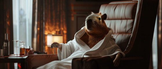 Capybara lounging in a cozy armchair, wearing a bathrobe, enjoying a luxury drink in a warmly lit, elegant room.