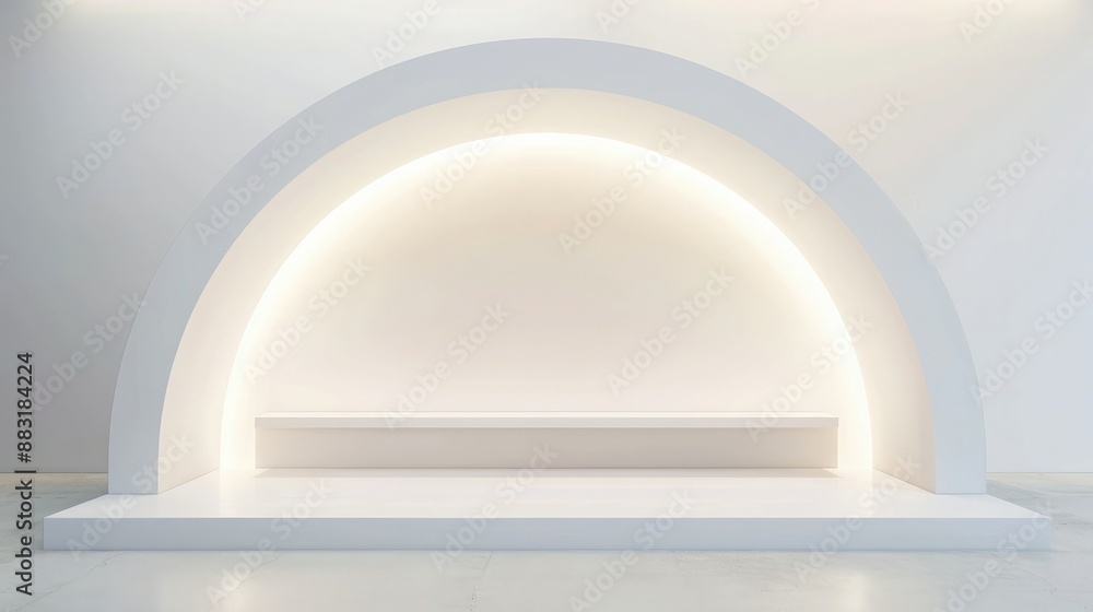 Poster A blank booth system with an arching structure, providing an inviting space for displaying graphics or promotional materials. 