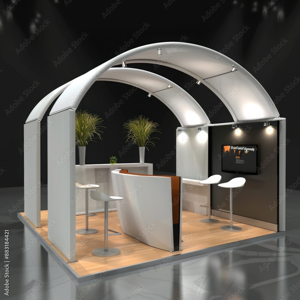 Poster A blank booth system with an arching structure, providing an inviting space for displaying graphics or promotional materials.