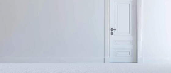 A minimalist white interior featuring a closed classic door, creating a sense of serenity and undisturbed space.
