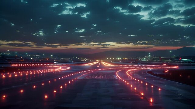 Against the backdrop of a darkening sky the glowing white headlights of cars trace an intricate pattern around the perimeter of the airport.