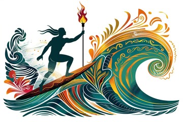 Silhouette of a surfer with long hair with Olympic torch