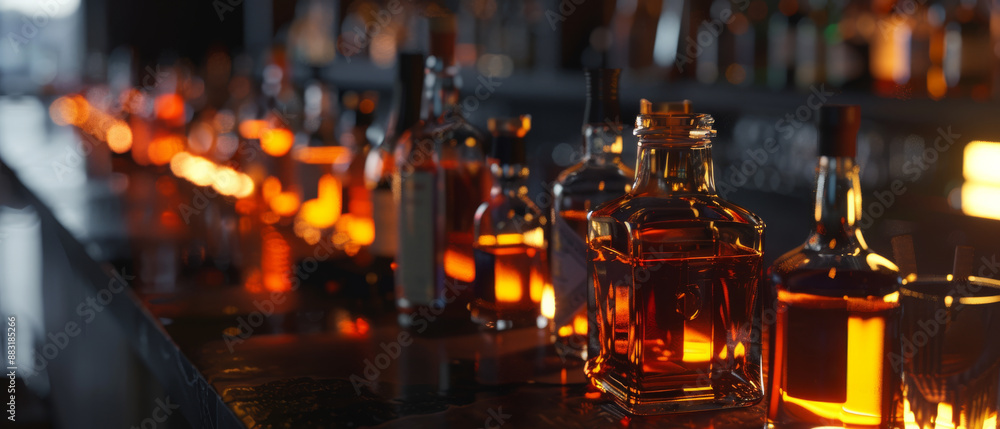 Poster A beautifully lit bar with rows of illuminated bottles, casting a warm, inviting glow in the ambiance.