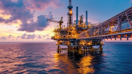 An offshore oil platform with a beautiful dusk sky in the background, highlighting the contrast between industry and nature. 