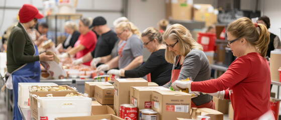 A group of dedicated volunteers work tirelessly in a food bank, sorting and packing various donations into boxes.