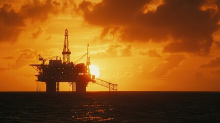 Fototapeta premium An offshore oil rig with the sun setting behind it, creating a silhouette effect against the dusky sky. 