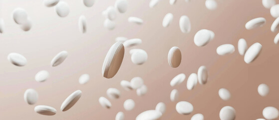 Floating white tablets suspended in mid-air against a soft, peach-colored backdrop create a surreal, almost dreamlike atmosphere.