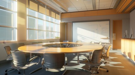 Modern Office Meeting Room with Sunlight Streaming Through Windows.