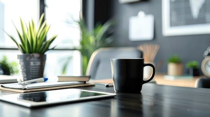 Obraz premium Black Mug on a Desk with Tablet and Pen.