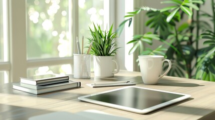 Tablet and Coffee on Wooden Table with Green Plants in Background.
