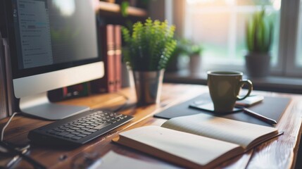 Working from Home Office Desk with a Cup of Coffee.