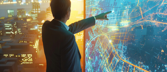 A business professional points at a vibrant digital city map overlaid with data points, highlighting technology's integral role in urban planning.
