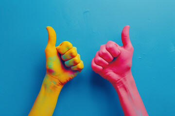 
A pair of pink and yellow hands in a thumbs up pose against a solid blue background with a neon light effect and simple, symmetrical composition in a minimalist style
